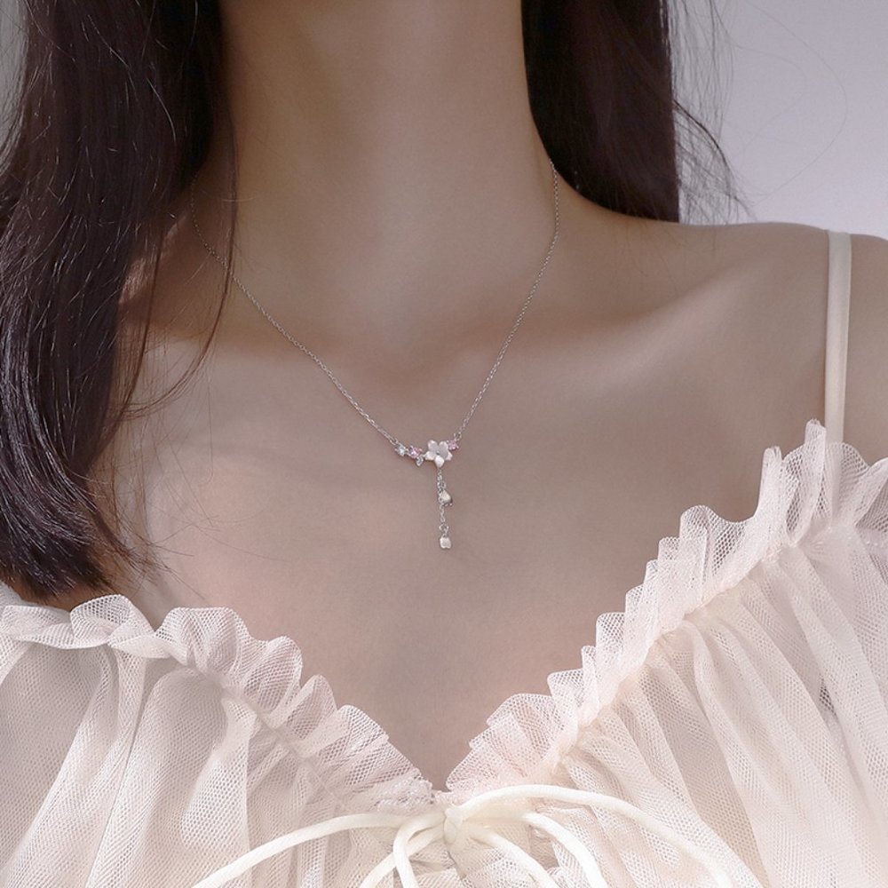 NEW Silver Cherry Flower Shell Long Tassel Necklace - Picture 2 of 9